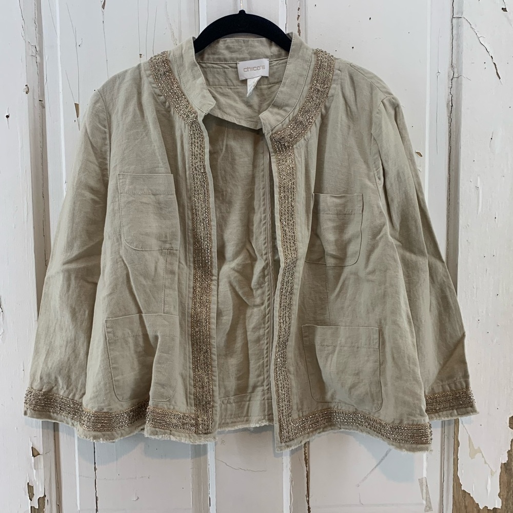 Chico’s Khaki Jacket with Gold Silver Beaded Trim